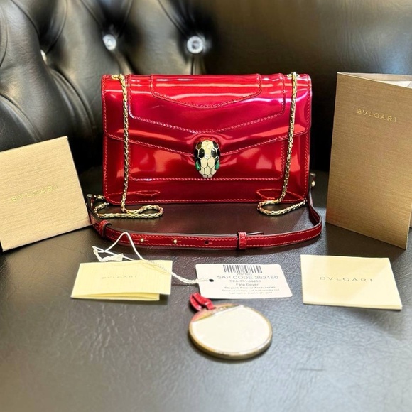 Bvlgari Serpenti Forever Square Crossbody Shoulder Bag Metallic Red Leather Smal - Picture 2 of 14